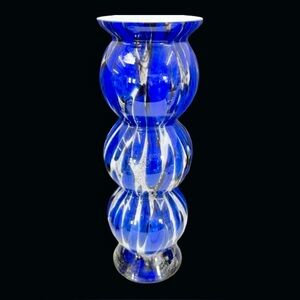 Large 16 Inch Hand Blown Art Glass Vase Cobalt Blue Clear Swirl Murano Style